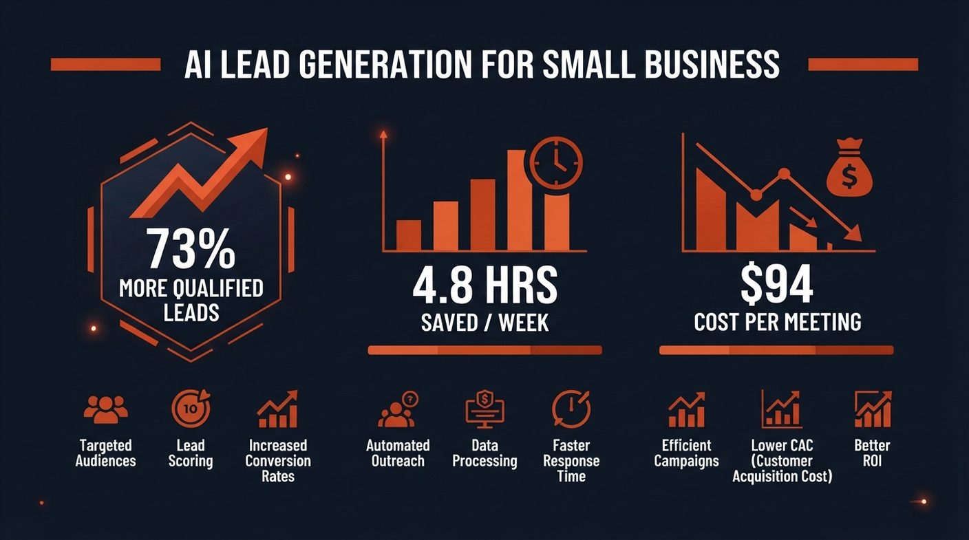 Infographic: AI lead generation results for small business - 73% more qualified leads, 4.8 hours saved per week, 94 dollars cost per meeting