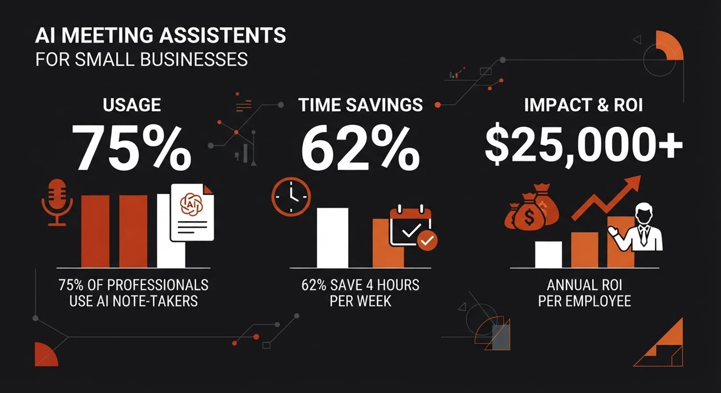 Infographic: AI meeting assistants for small businesses, 75% adoption, 4 hours saved per week, $25,000+ annual ROI per employee