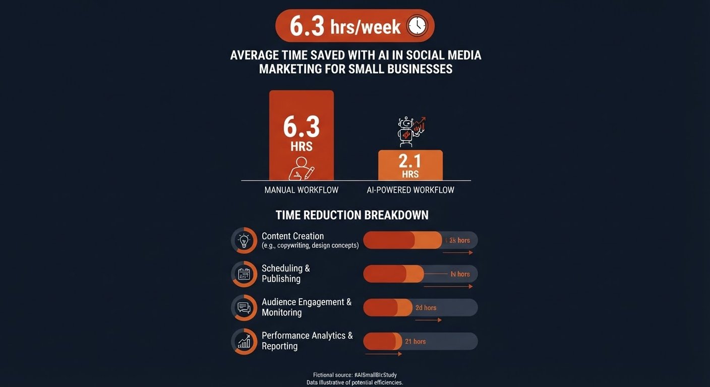 Infographic: AI cuts social media time from 6.3 hours a week manual to 2.1 hours, with the biggest savings in content creation and scheduling