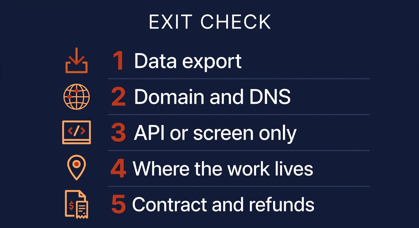 Infographic showing the five exit checks for an AI or software tool: data export, domain and DNS ownership, API versus screen only, where the work lives, and the contract terms