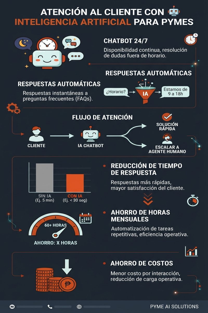 Infografía sobre atención al cliente con IA para pymes: 60-80% de consultas automatizadas, respuesta en 5 minutos, 24/7, y ahorro de horas al mes