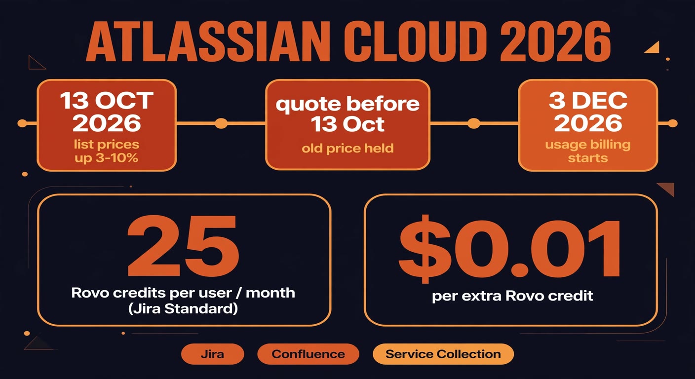 Timeline of the Atlassian cloud price change: list prices rise 3 to 10 percent on 13 October 2026, a quote generated before that date keeps the old price, and usage-based billing for extra Rovo credits starts on 3 December 2026 at one cent per credit with 25 credits per user per month on Jira Standard