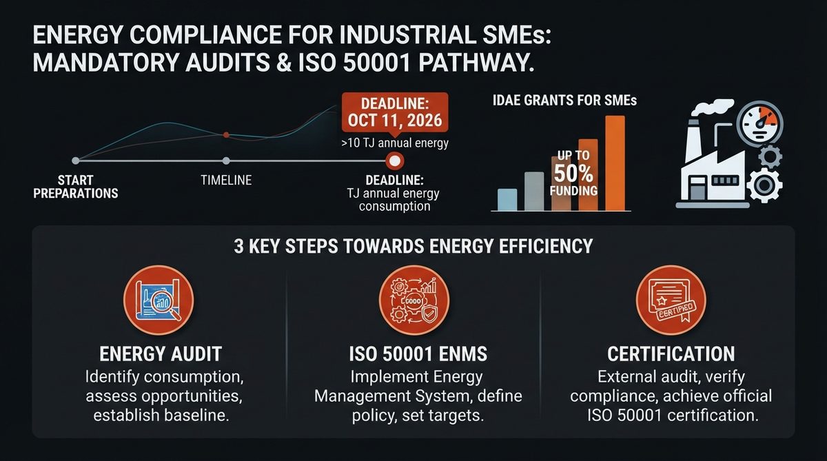 Infografía: plazos y umbrales de la auditoría energética obligatoria para pymes industriales. >10 TJ: auditoría antes del 11 oct 2026. >85 TJ: ISO 50001 antes del 11 oct 2027. Subvención IDAE hasta 50%.
