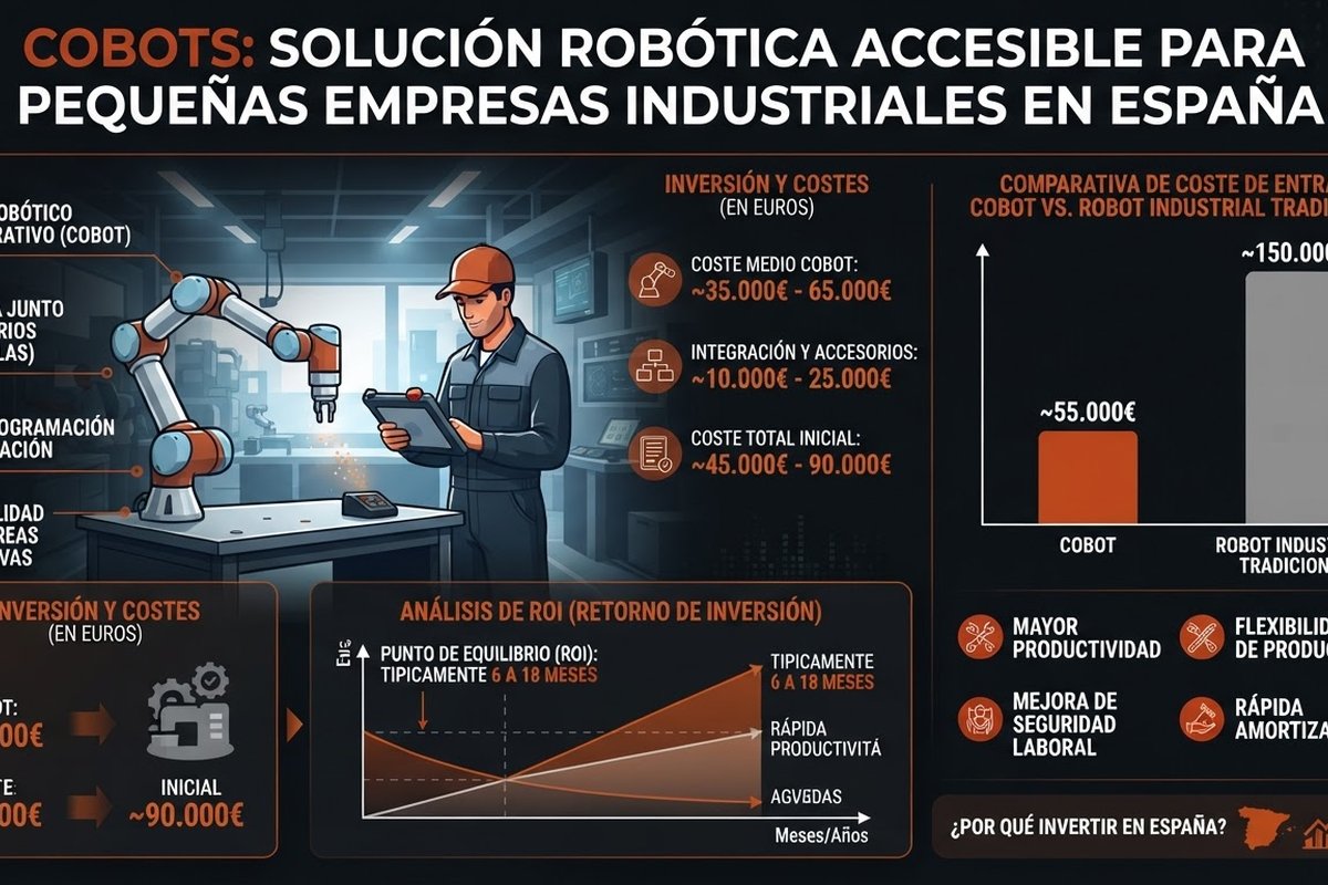 Infographic about cobots for industrial SMBs: entry and complete cell pricing, 12-24 month ROI, and comparison with traditional industrial robots