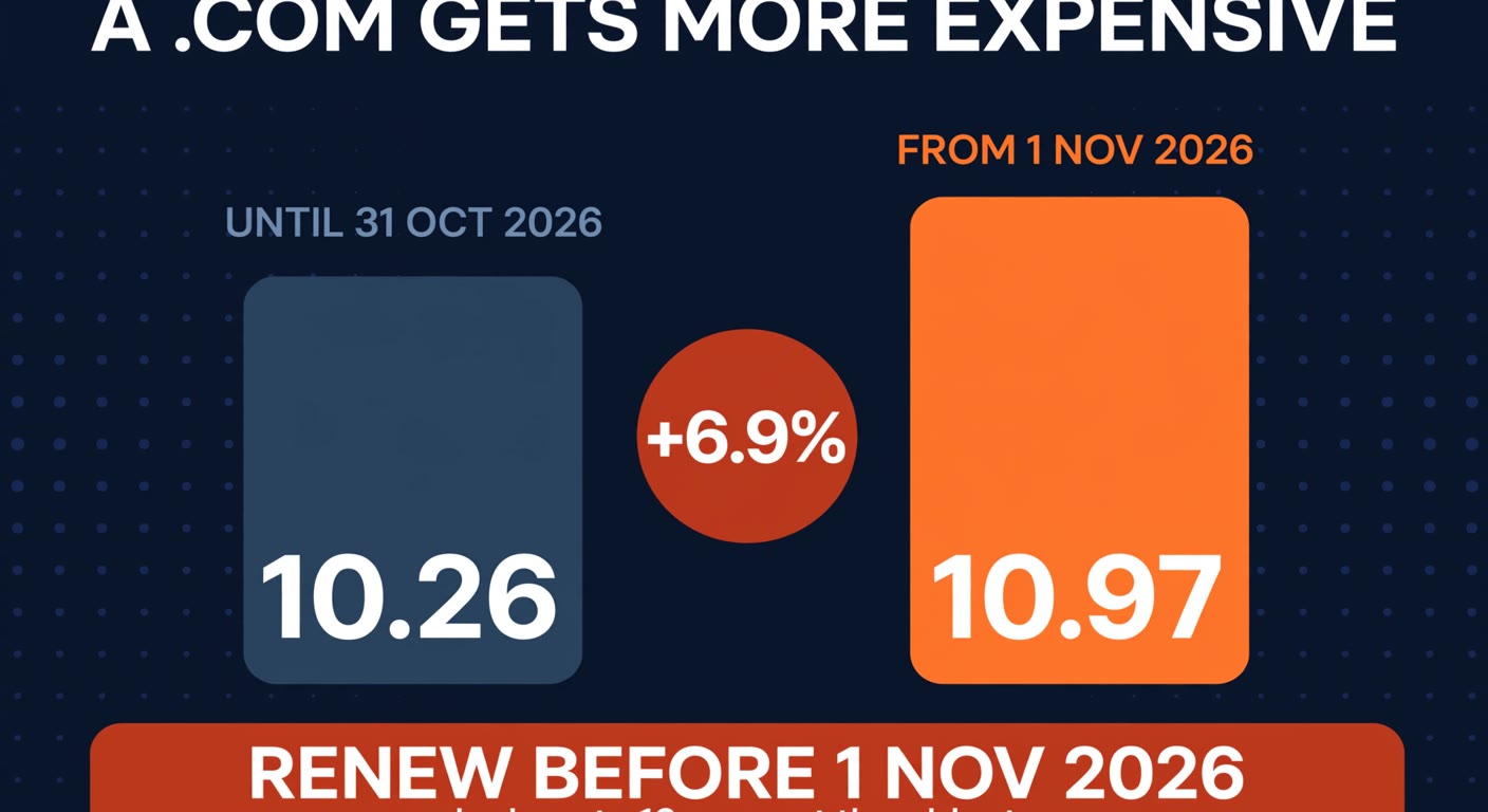 Infographic showing the .com wholesale fee rising from 10.26 to 10.97 US dollars on November 1, 2026, a 6.9% increase, with the note that renewing before the deadline locks the old rate for up to ten years