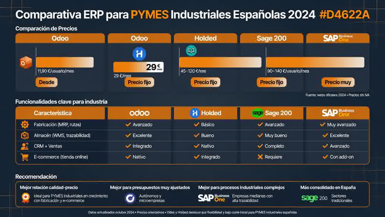 Infografía comparativa de ERPs: Odoo, Holded, Sage 200 y SAP Business One con precios por usuario y coste total a 3 años para pyme de 20 empleados