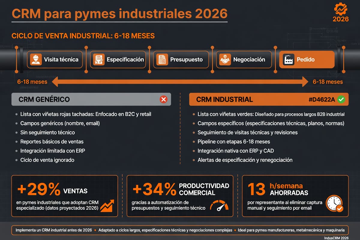 Infografía: el ciclo de venta industrial de 6 a 18 meses en cinco etapas, comparativa entre CRM genérico y CRM industrial, y datos de mejora de ventas y productividad