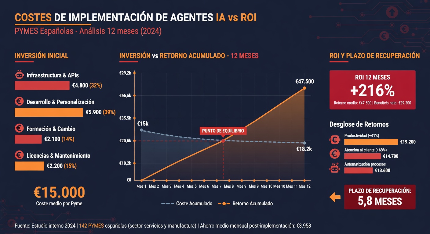 Infografía comparativa: costes de implementación de agentes de IA por tipo, mostrando inversión inicial vs coste mensual y tiempo de amortización para cada categoría