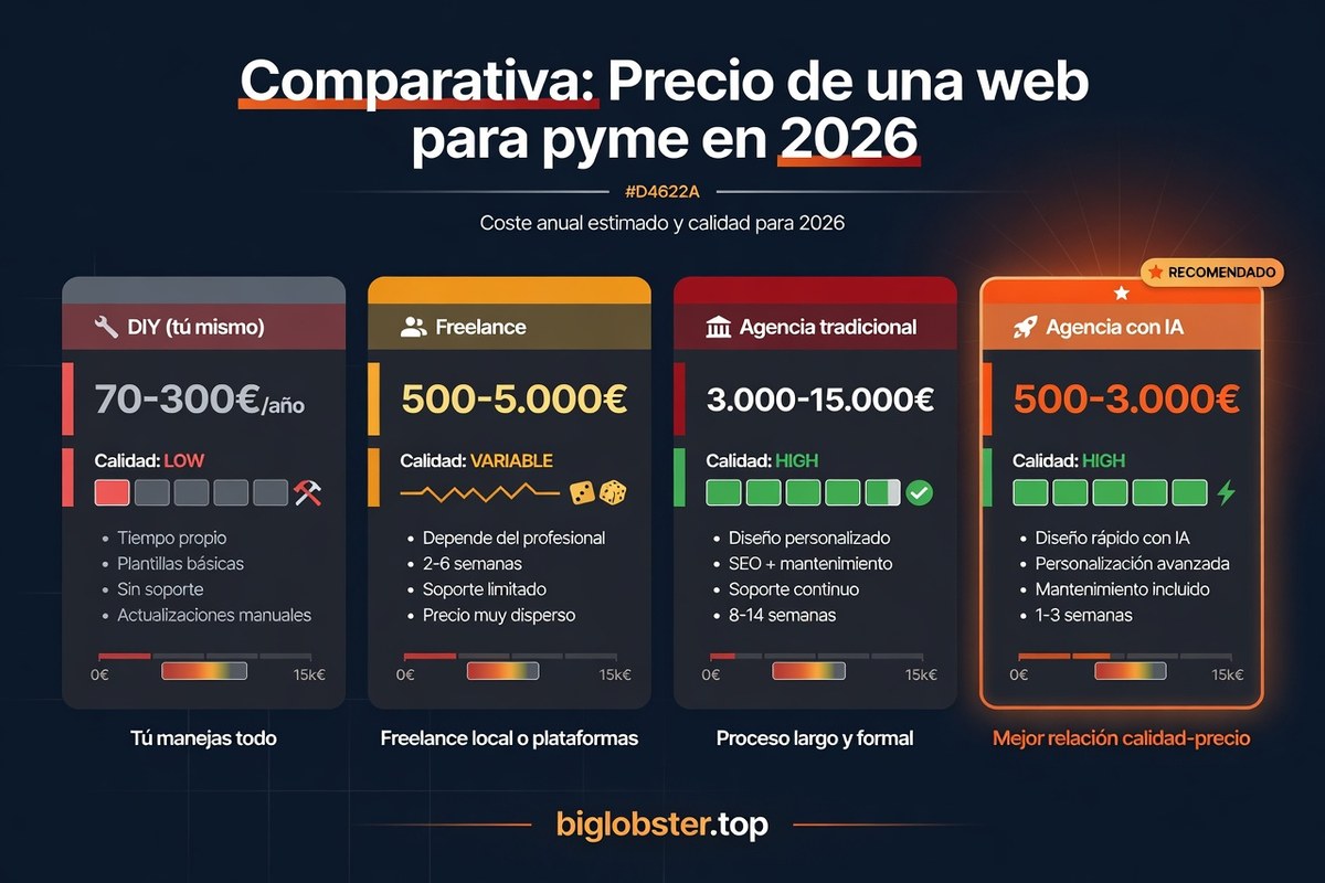Infografía comparativa: precios de web para pyme en 2026 — DIY (70-300€), Freelance (500-5.000€), Agencia tradicional (3.000-15.000€), Agencia con IA (500-3.000€)