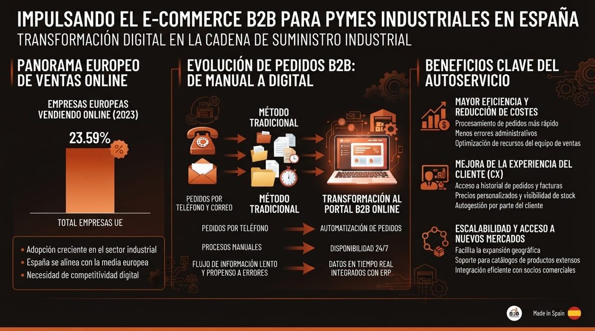 Infographic: only 23.59% of EU companies sell online, B2B buyers accept orders over €400,000 on the internet, and industrial B2B is still dominated by phone and email versus the benefits of a digital portal