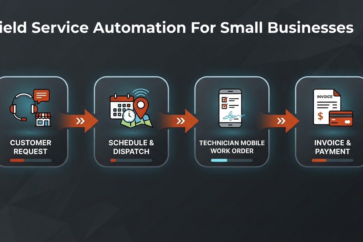 Infographic showing the field service automation flow from customer request to schedule, mobile work order, invoice, and payment