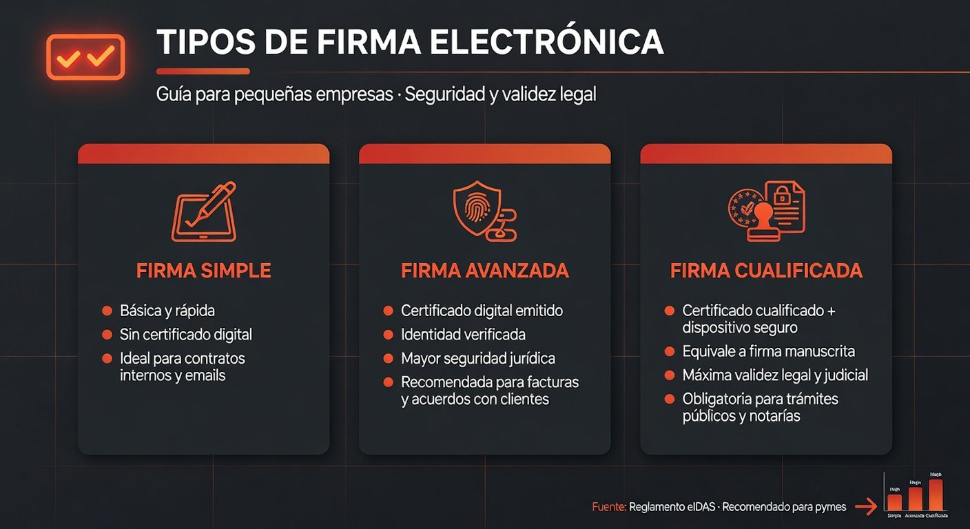 Infografía de los tres niveles de firma electrónica: simple, avanzada y cualificada, con sus casos de uso para una pyme