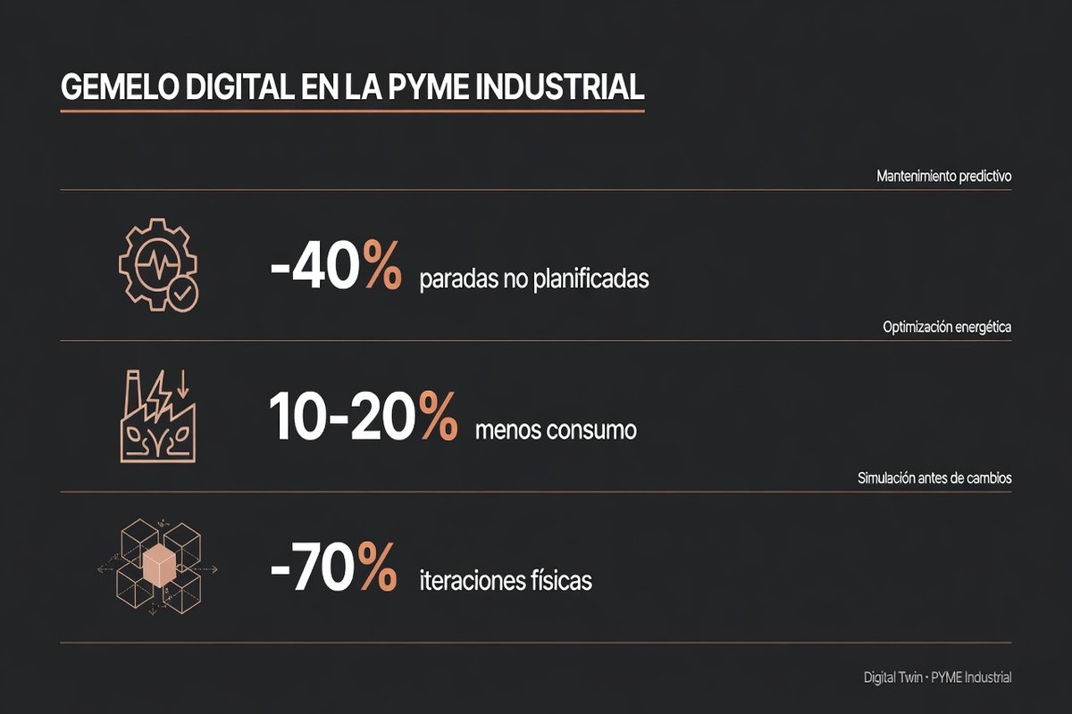 Infografía: los tres casos de gemelo digital con retorno para pymes industriales (mantenimiento predictivo, eficiencia energética y simulación previa)