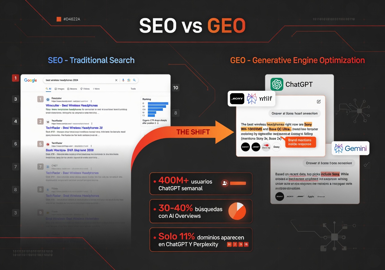 Infografía comparativa: SEO vs GEO — 400M+ usuarios ChatGPT, 388% crecimiento Perplexity, 30-40% búsquedas con AI Overviews, 11% dominios en ChatGPT y Perplexity simultáneamente