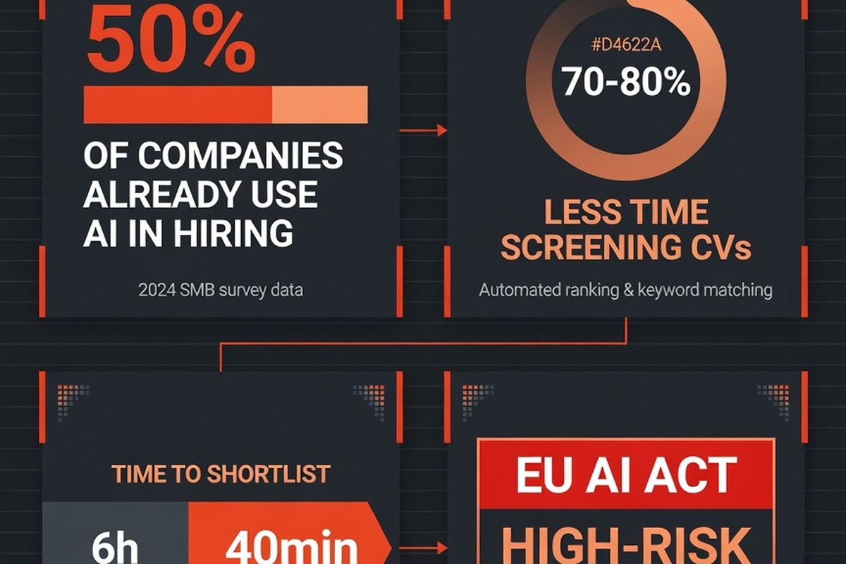 Infografía: 50% de empresas usan IA en contratación, 70-80% menos tiempo cribando CVs, de 6 horas a 40 minutos por vacante, y el AI Act trata el reclutamiento como alto riesgo desde agosto de 2026