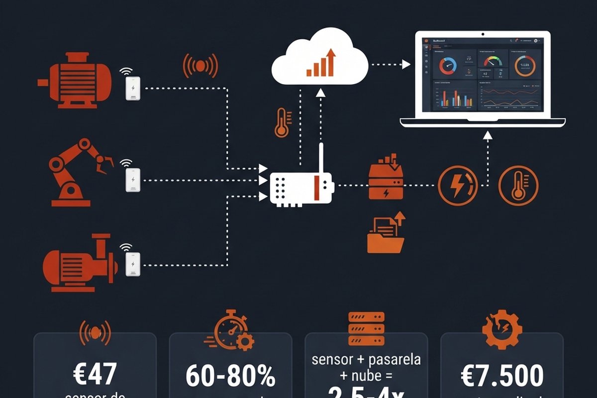 Infographic showing Industrial IoT for SMBs: wireless sensor data flow to gateway and cloud dashboard, with indicative 2026 sensor costs, downtime savings, and motor failure costs