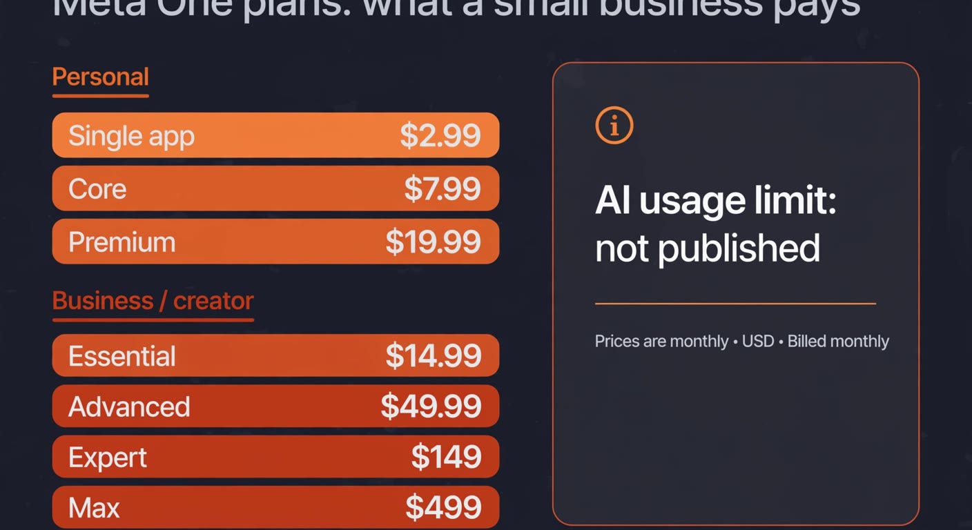 Chart of Meta One plan prices from $2.99 to $499 a month, grouped into personal and business tiers, with a note that the AI usage limit is not published