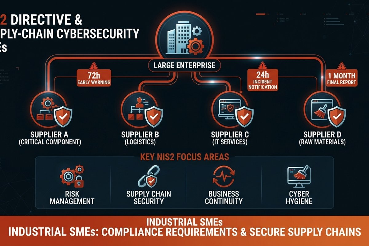 Infografía: una gran empresa conecta por la cadena de suministro con varias pymes proveedoras que deben cumplir requisitos de ciberseguridad bajo NIS2