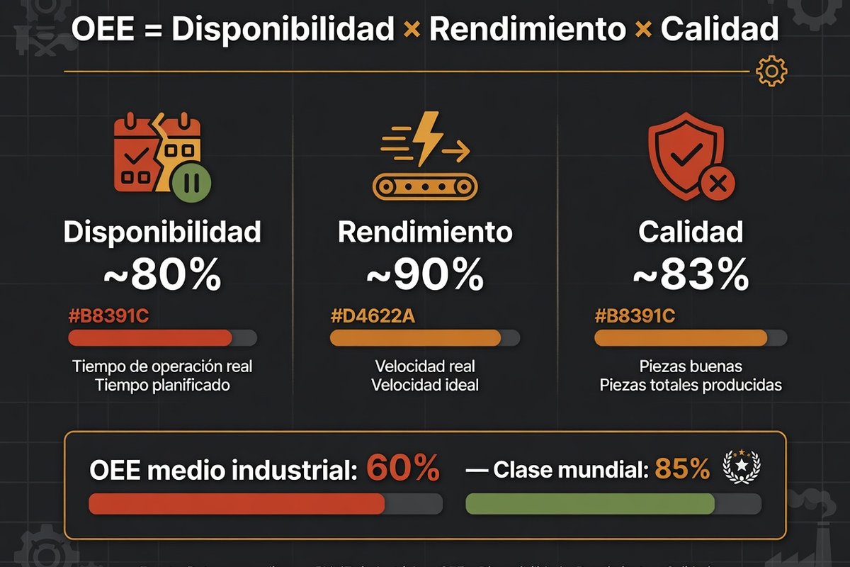 Infografía: fórmula OEE = Disponibilidad × Rendimiento × Calidad, con la media industrial del 60% frente al 85% de clase mundial