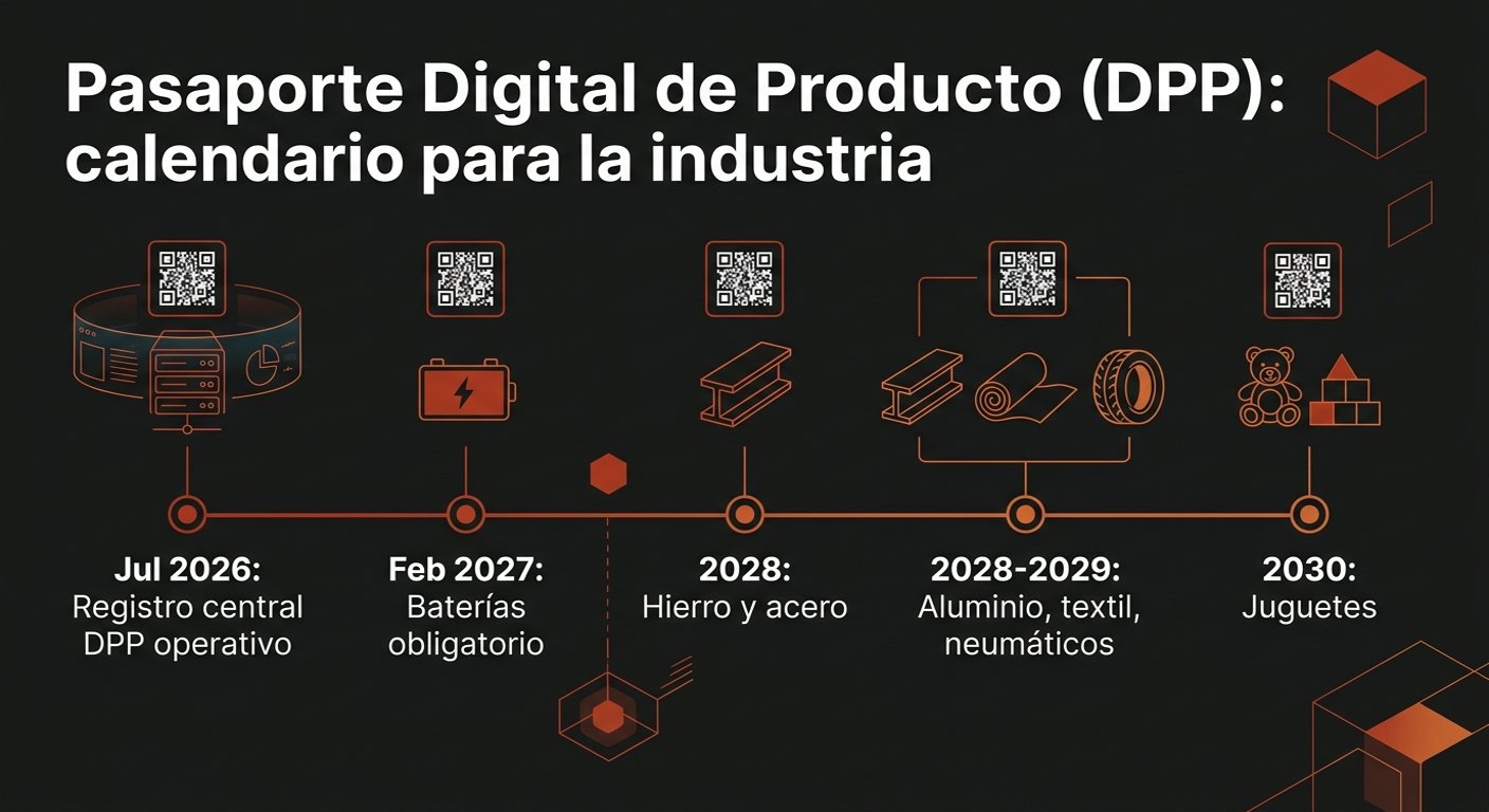 Infografía del calendario del Pasaporte Digital de Producto para la industria: registro central operativo julio 2026, baterías obligatorio febrero 2027, hierro y acero hacia 2028, aluminio textil y neumáticos 2028-2029, juguetes 2030