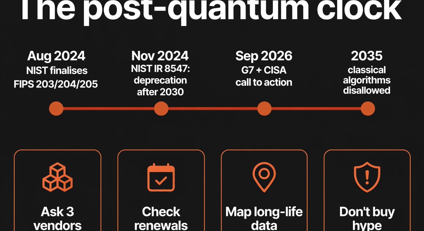 Infographic timeline showing NIST finalising post-quantum standards in August 2024, NIST IR 8547 deprecation after 2030, the G7 and CISA call to action in September 2026 and classical algorithms disallowed by 2035, plus four small-business actions