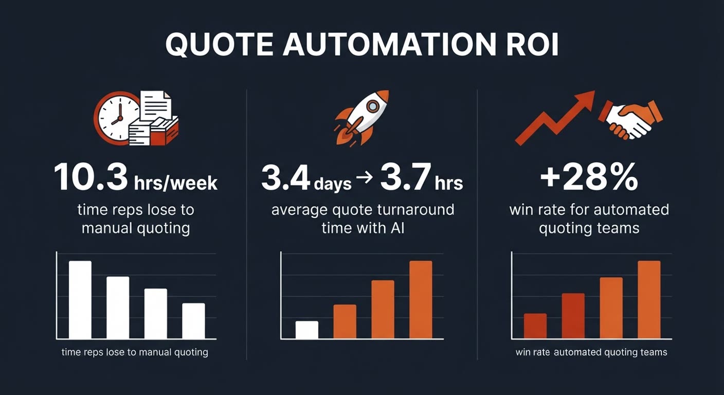Infographic showing the return on investment of quote automation: hours saved per week, faster quote turnaround, and higher win rates