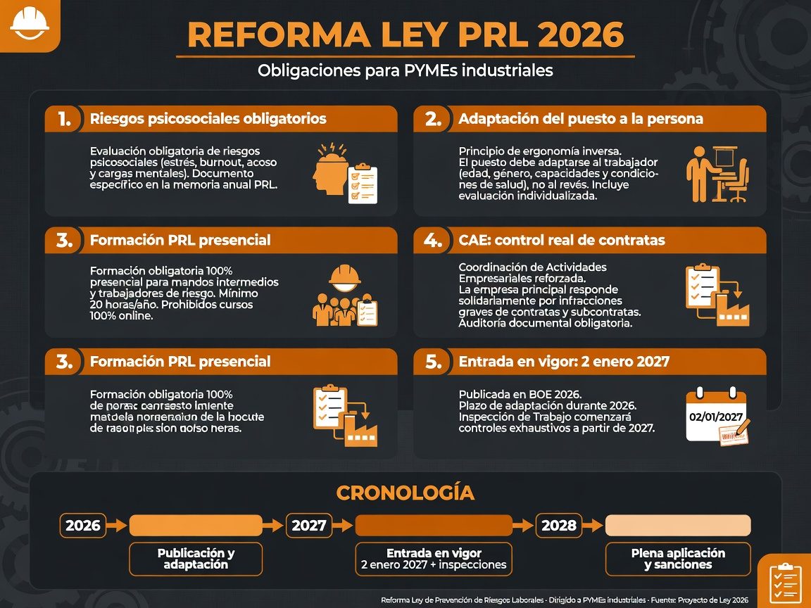 Infografía: los 5 cambios de la reforma de la Ley PRL 2026 para pymes industriales y su calendario hasta 2028