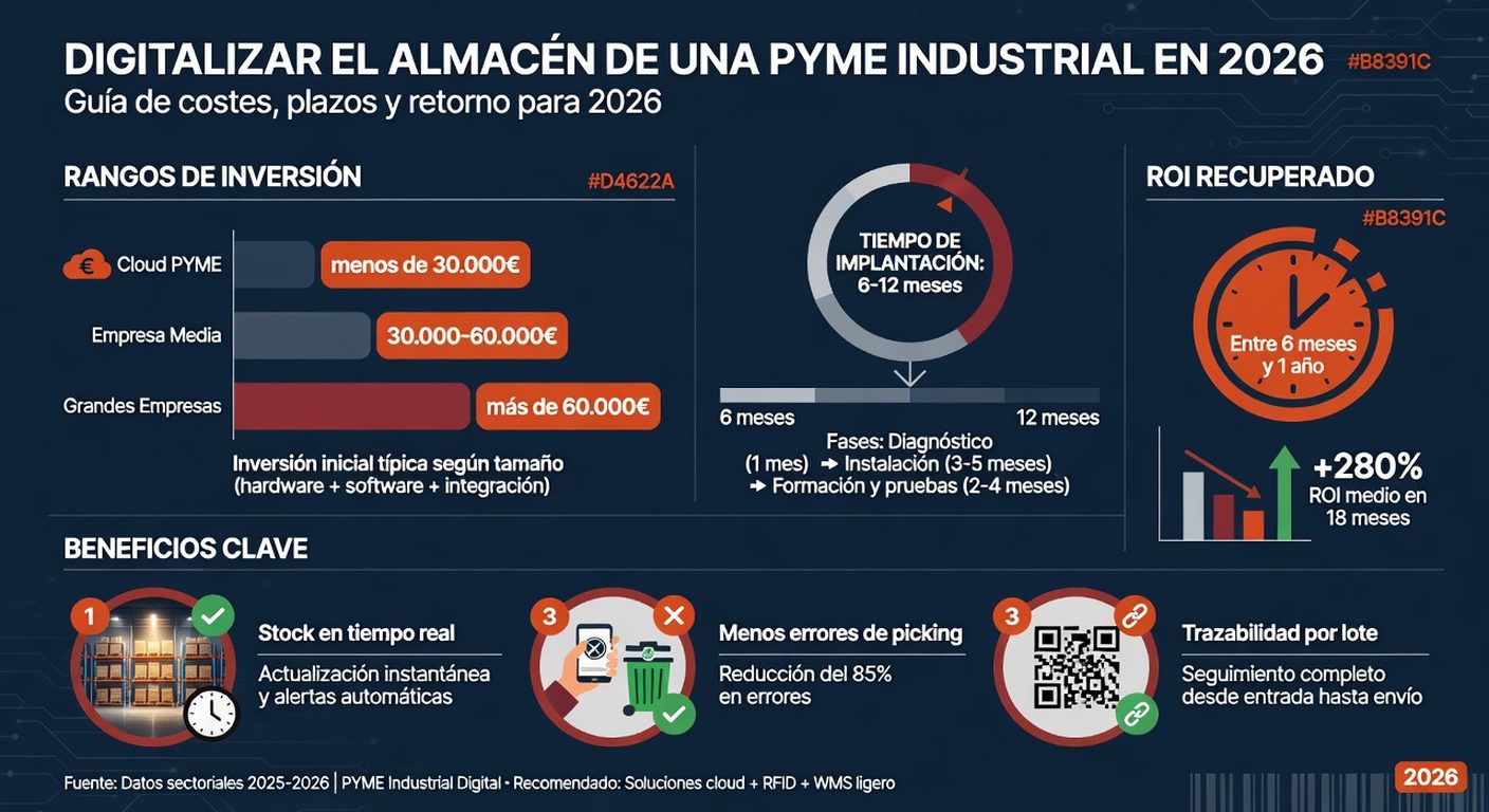 Infografía: coste de digitalizar el almacén de una pyme industrial en 2026, rangos de inversión, retorno en 6-12 meses y beneficios principales
