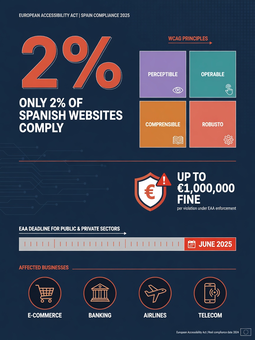 Infografía: Ley Europea de Accesibilidad 2026 - Solo el 2% de webs españolas cumplen, multas hasta 1M€, 4 principios WCAG 2.2 y sectores afectados