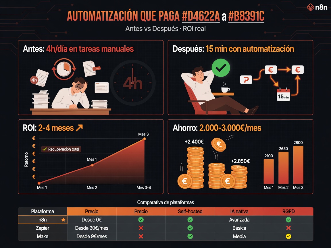 Infografía: comparativa de herramientas de automatización IA para pymes en 2026 - n8n vs Make vs Zapier, ROI, ahorro de horas y costes reales