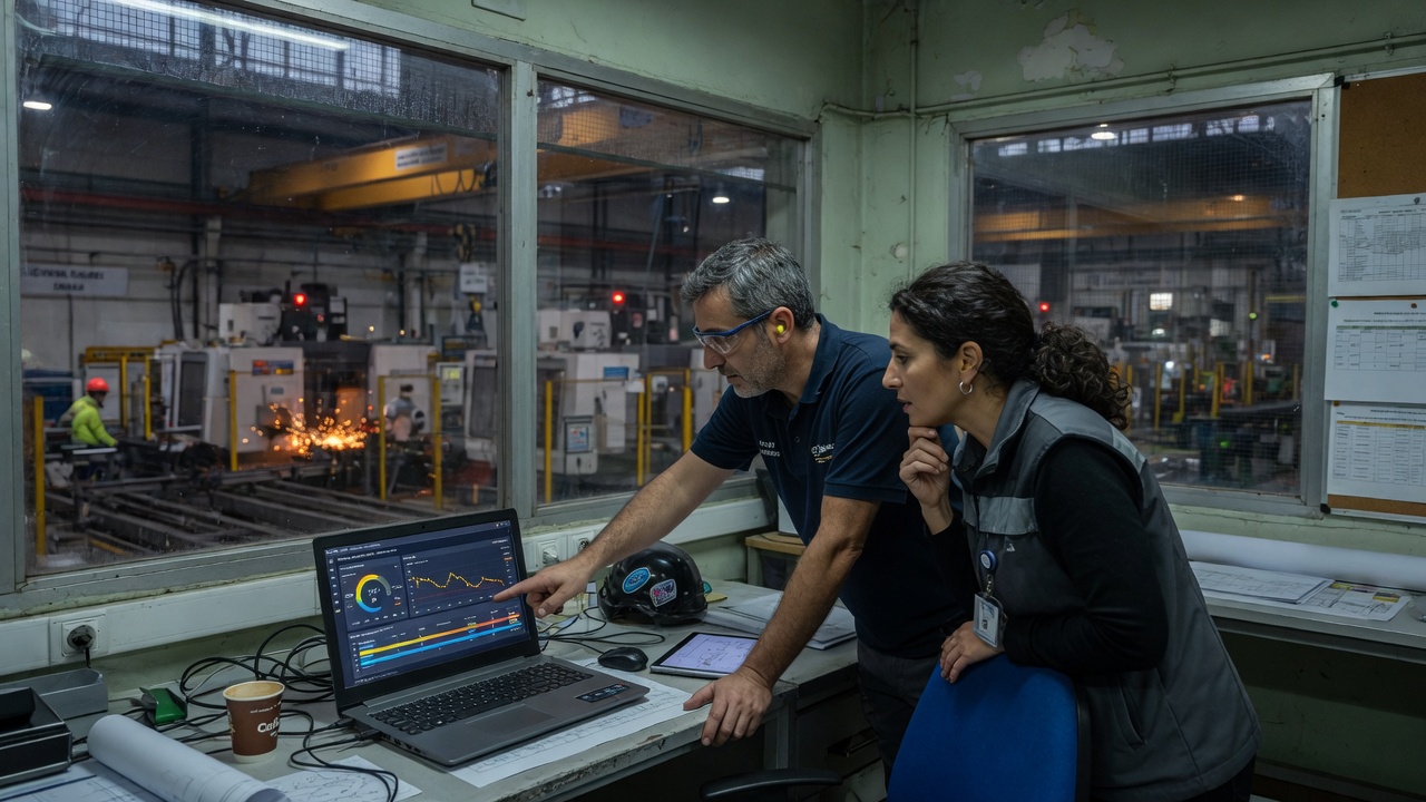 Dos ingenieros industriales revisando un panel de control de automatización en una nave industrial de Galicia