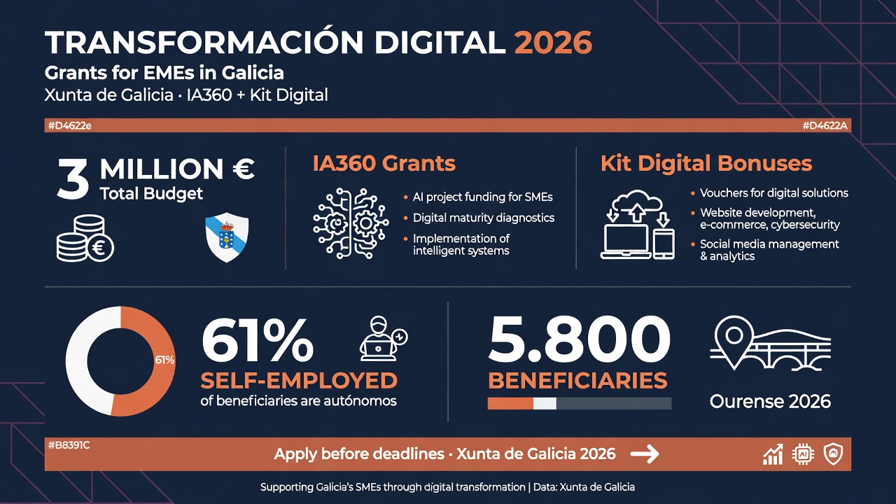 Infografía: Ayudas transformación digital Galicia 2026. 3M€ Xunta, Kit Digital hasta 12.000€, IA360 para IA industrial, 5.800 beneficiarios en Ourense, plazo hasta 10 julio 2026