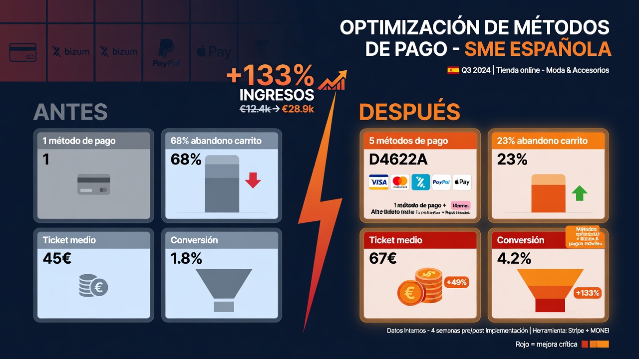 Infografía comparativa: antes QuickPay tenía 1 método de pago, 68% abandono, ticket medio 45€ y conversión 1,8%. Después: 5 métodos, 23% abandono, ticket medio 67€ y conversión 4,2%. Ingresos +133%.