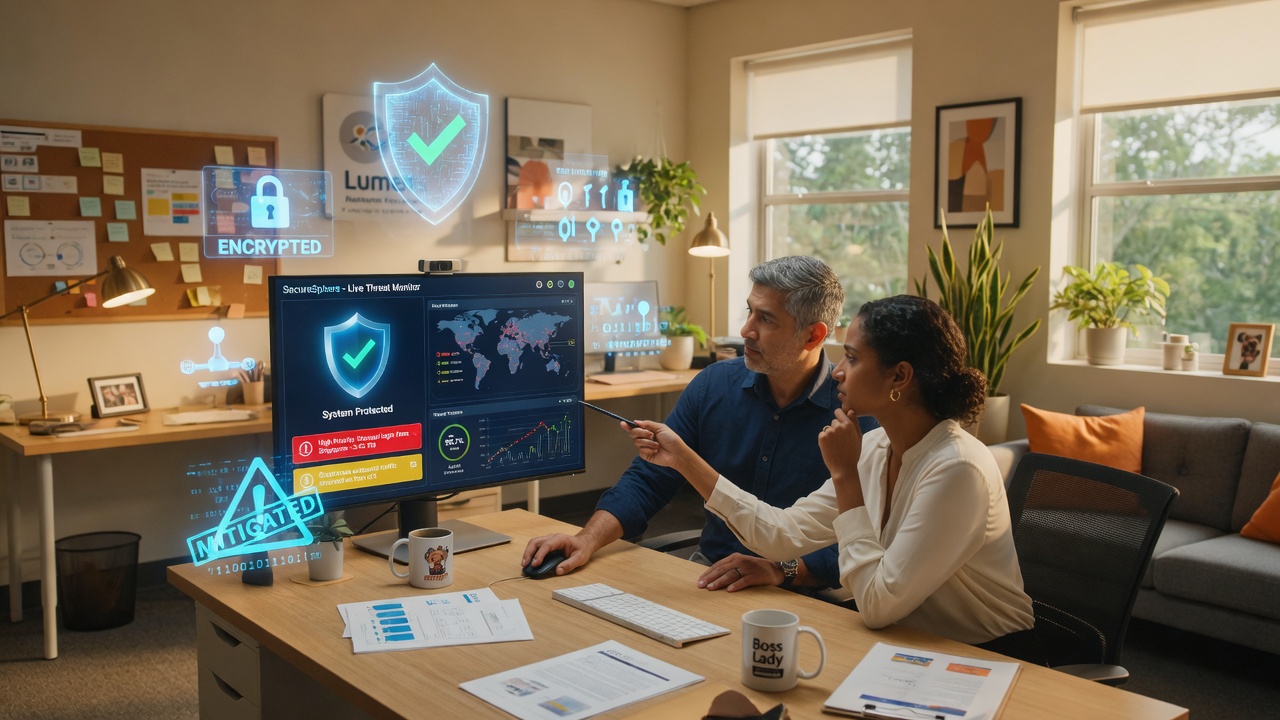 Oficina moderna con panel de ciberseguridad y hologramas de protección