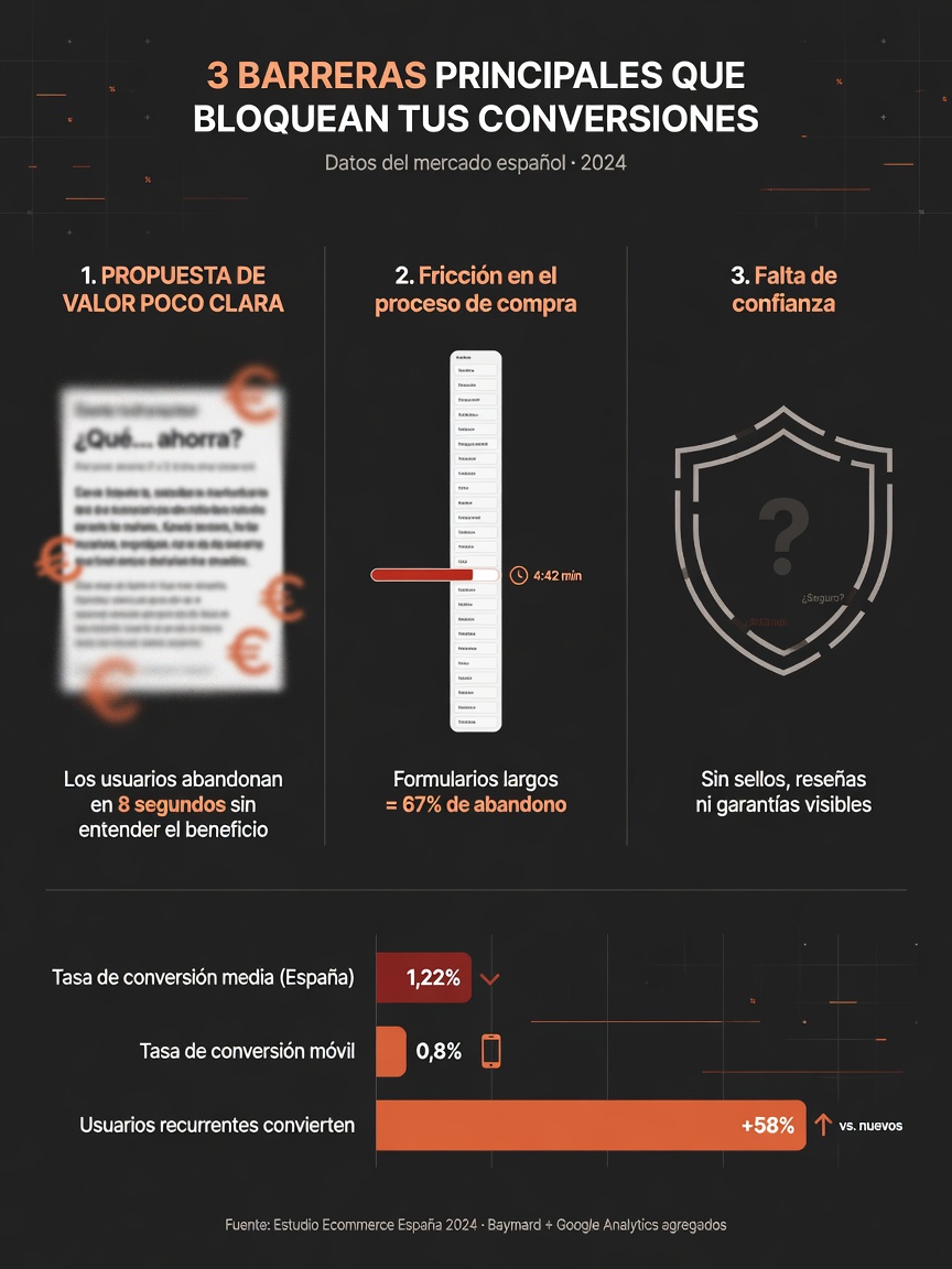 Infografía: los tres frenos de la conversión web para pymes — propuesta de valor poco clara, fricción en el proceso de compra y falta de pruebas sociales