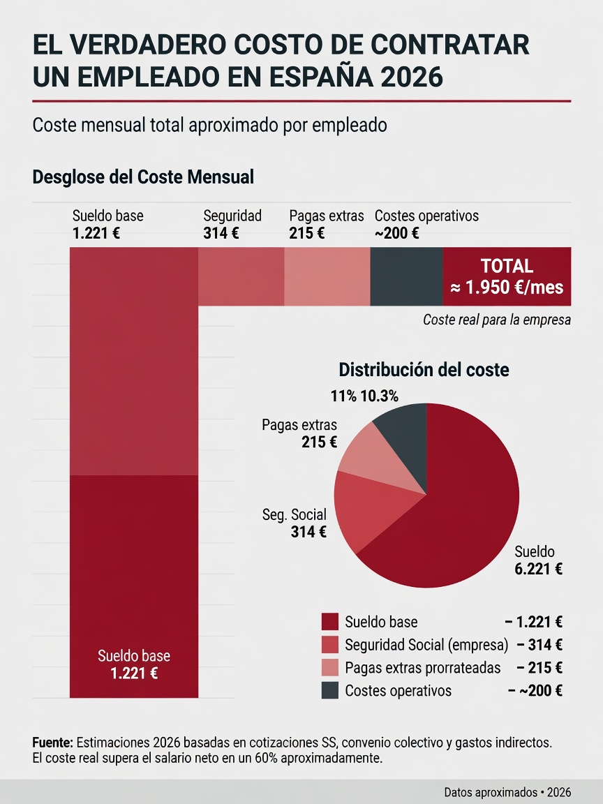 Infografía: desglose coste real de contratación en pyme 2026. Salario bruto 1.221€ + Seguridad Social 314€ + pagas extras 215€ + costes operativos ~200€ = coste total ~1.950€/mes