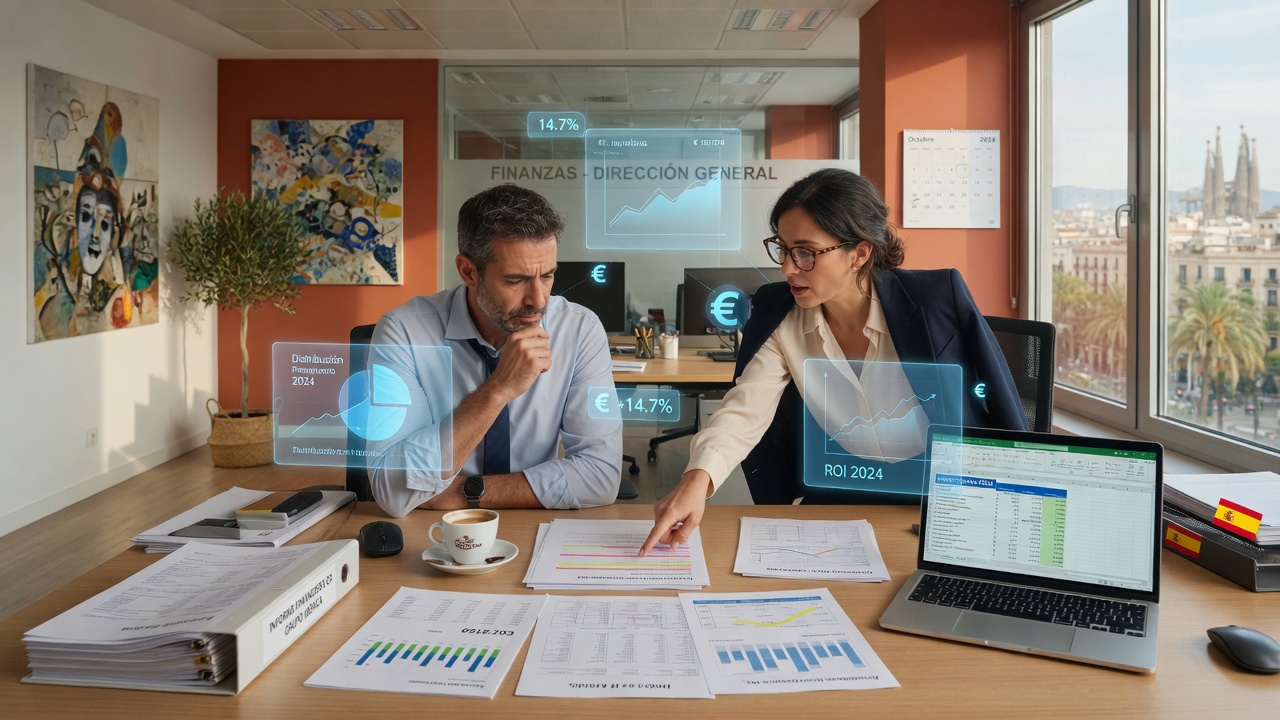 Hombre y mujer revisando documentos y costes de constitución de una sociedad limitada en oficina moderna, con elementos holográficos digitales