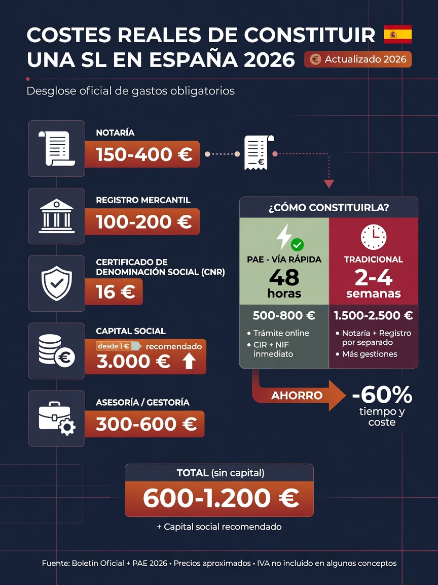 Infografía: desglose de costes para crear una SL en España 2026 - Notaría 150-400€, Registro Mercantil 100-200€, Certificado 16€, Capital desde 1€, Gestoría 200-500€, Total 500-2.500€ + capital