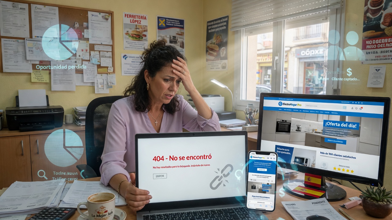 Empresa sin presencia digital: pantalla de portátil mostrando resultados de búsqueda vacíos, simbolizando clientes perdidos
