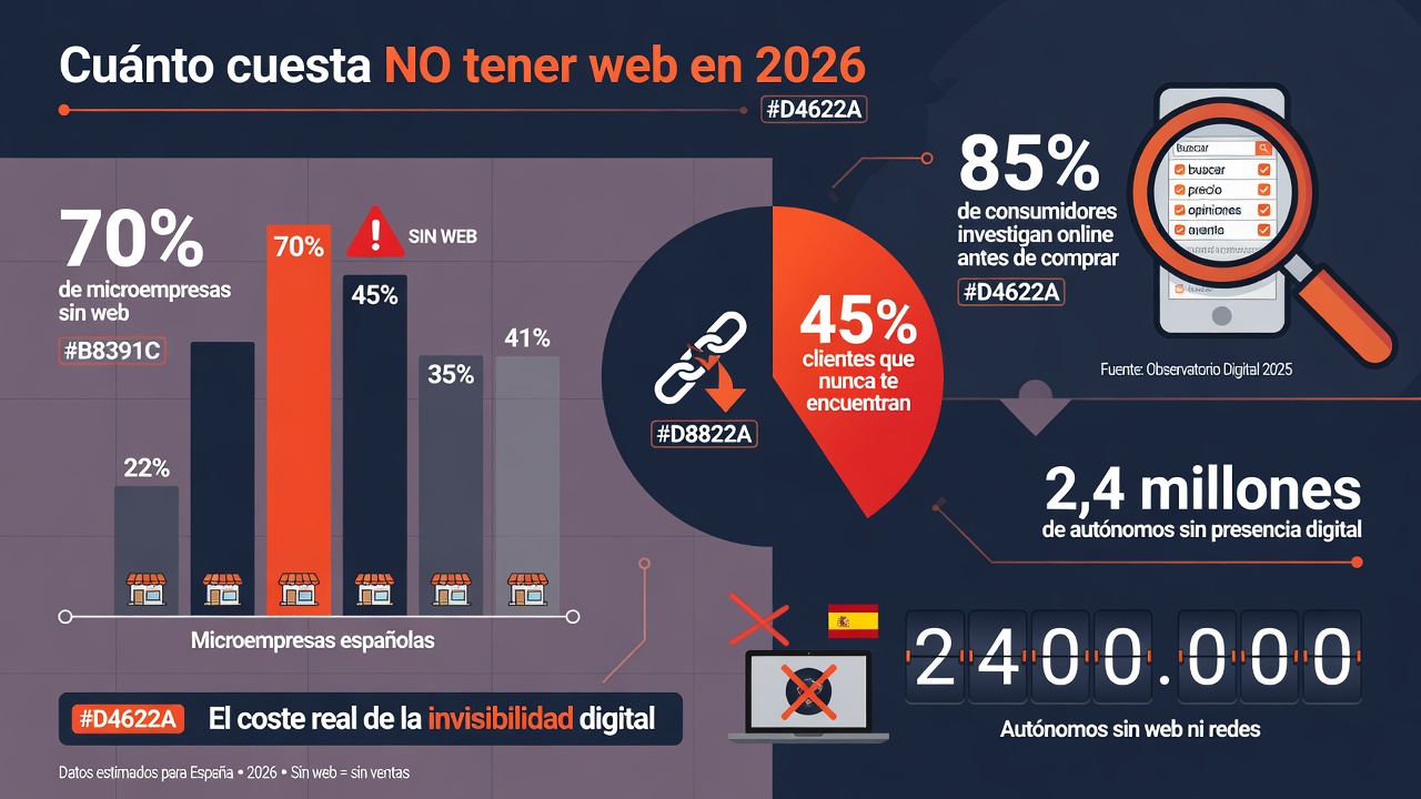 Infografía: 70% de microempresas sin web, 45% de clientes perdidos, 85% investigan online antes de comprar, 2,4 millones de autónomos sin presencia digital