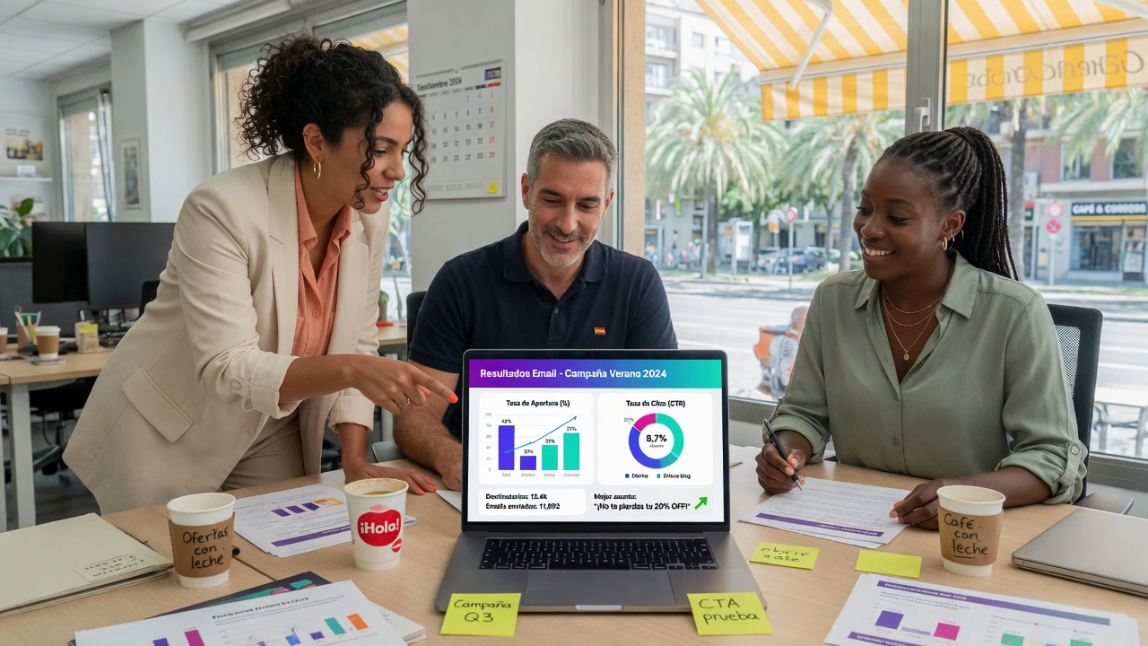 Equipo diverso de profesionales revisando analítica de email marketing en una oficina moderna, con gráficos de tasas de apertura y conversión en la pantalla del portátil
