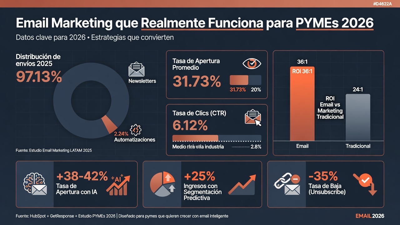 Infografía: datos clave del email marketing en España 2026. 97,13% newsletters vs 2,24% automatizaciones. ROI 36:1 con IA. +38-42% aperturas. +25% ingresos. -35% bajas.
