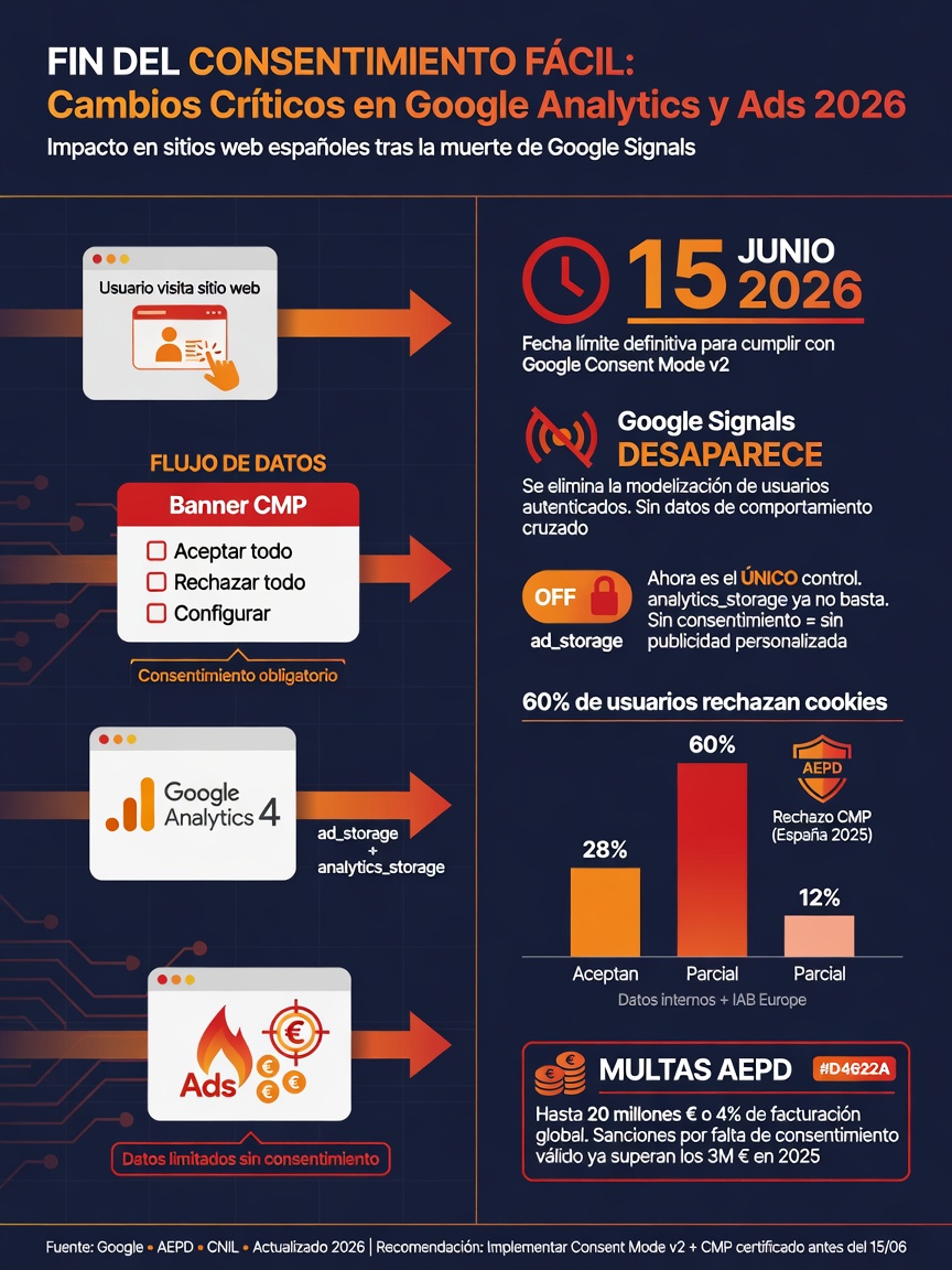 Infografía: Cambios en Google Analytics 4 el 15 de junio de 2026 - Google Signals desaparece, ad_storage se convierte en el único control, configuración correcta del banner de cookies y riesgos legales