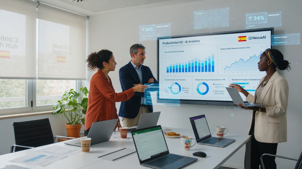 Equipo diverso de profesionales revisando datos de productividad con IA en una oficina moderna en España