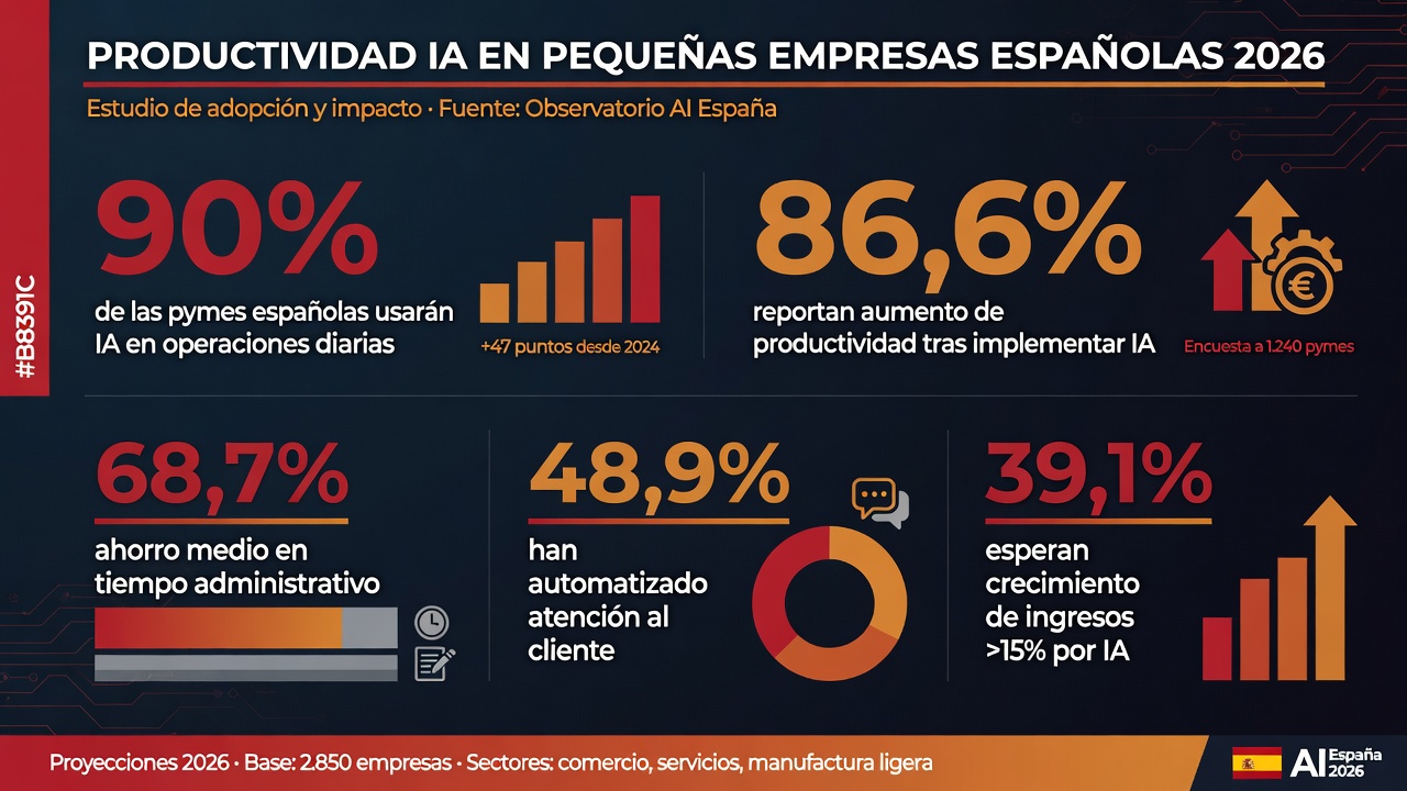 Infografía: datos clave del informe Adecco Institute 2026 sobre IA y productividad en pymes españolas: 90% mejora competitividad, 86.6% productividad operativa, 68.7% aumentará inversión, 48.9% reduce tiempos, 39.1% menos errores