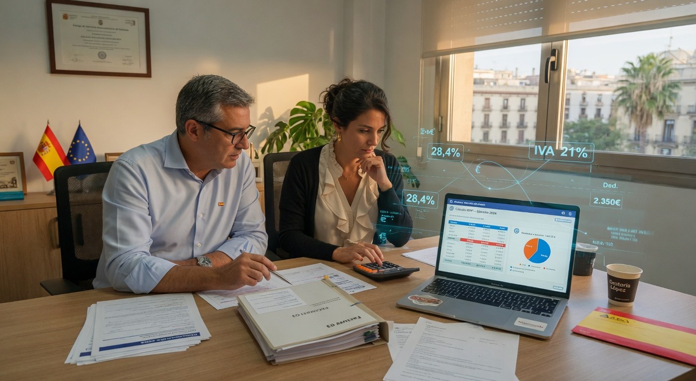 Imagen: profesionales revisando documentación fiscal y cálculos de Impuesto de Sociedades en oficina moderna con elementos holográficos