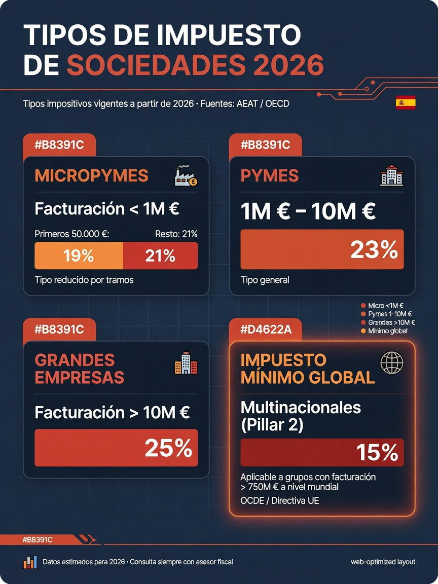 Infografía: tipos de Impuesto de Sociedades 2026 - micropymes 19%/21%, pymes 23%, general 25%, impuesto mínimo global 15% para multinacionales, reserva de capitalización 20%/30%