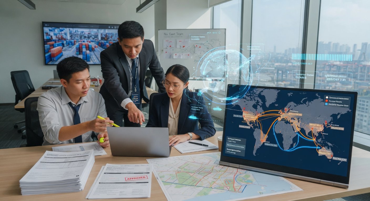 Foto: tres profesionales revisando mapas de rutas comerciales globales en oficina moderna con holograma digital de comercio internacional