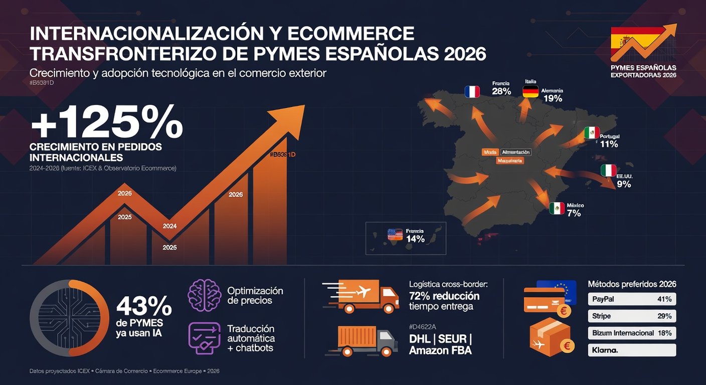 Infografía: internacionalización digital de pymes españolas en 2026, con datos de crecimiento, canales de venta y estadísticas clave