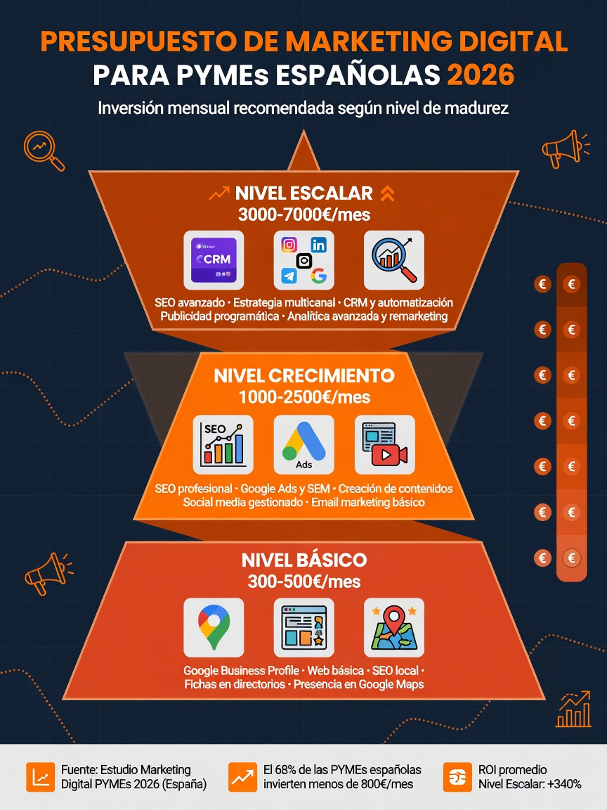 Infografía: tres niveles de inversión en marketing digital para pymes en 2026 - Básico (300-500€), Crecimiento (1000-2500€), Escalar (3000-7000€) con resultados esperados en cada nivel